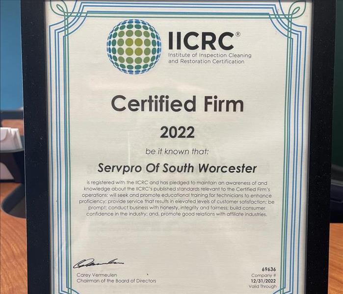 SERVPRO of South Worcester, IICRC Certified Firm 2022
