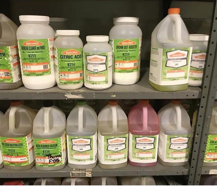 Shelves filled with SERVPRO professional cleaning products